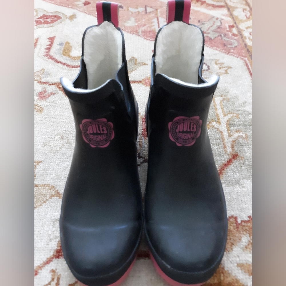 Joules Molly Wellies Black & Pink Lined Ankle Rainboots US 7--FINAL Price